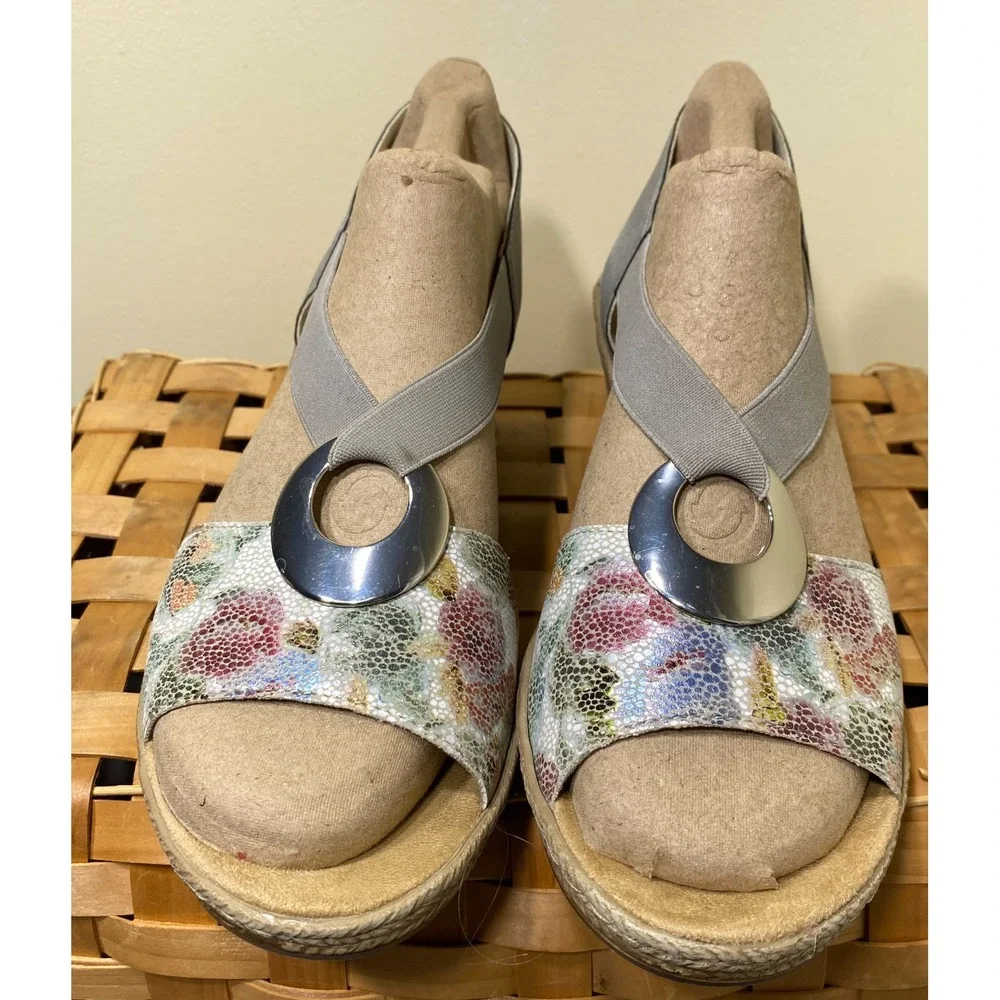 Rieker Antistress Floral Metallic Grey Wedge Espadrille Sandals 42 V8502-42